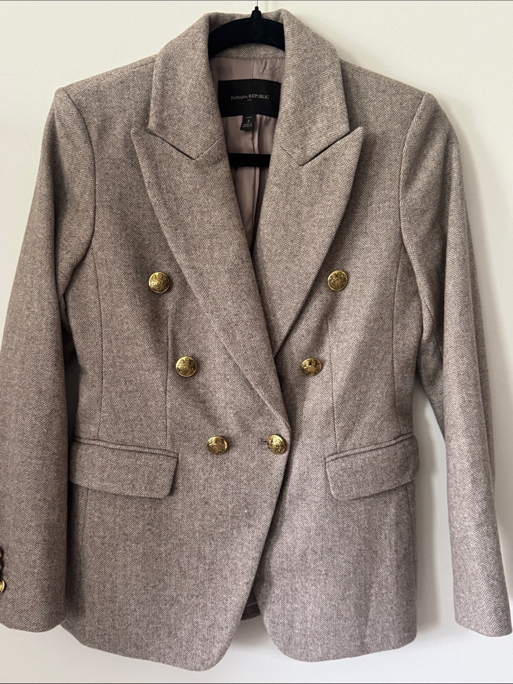 Banana Republic Taupe Double-Breasted Blazer with Gold Buttons